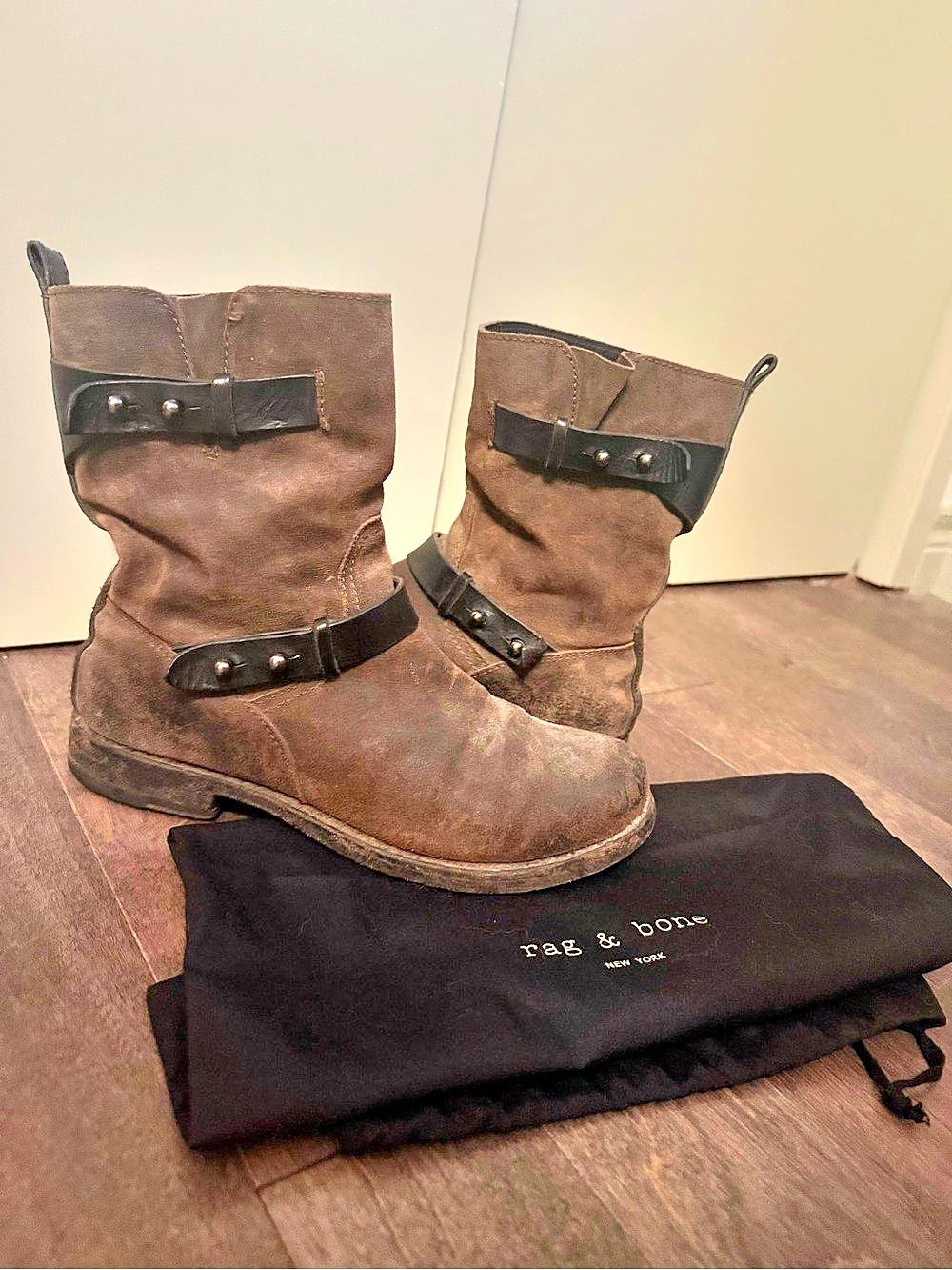 Rag & Bone Waxed Calfskin Suede Moto Boot Boots Brown & Black US 9